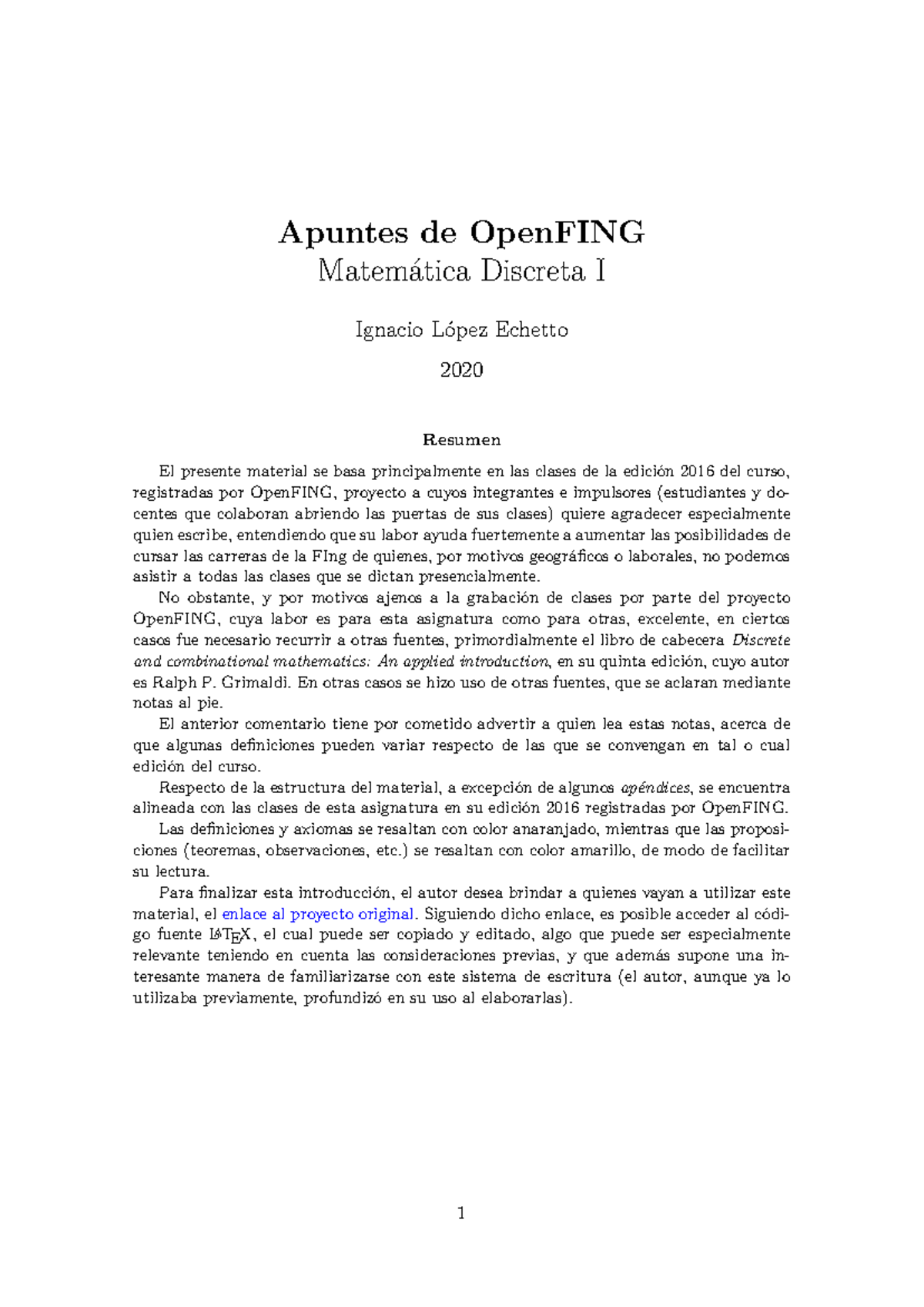 Apuntes de Matemática Discreta I - Proyecto OpenFING 2020 - Document Preview