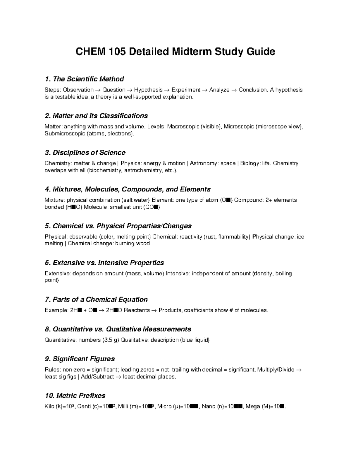 CHEM 105 Midterm Study Guide: Key Concepts & Scientific Method - Studocu