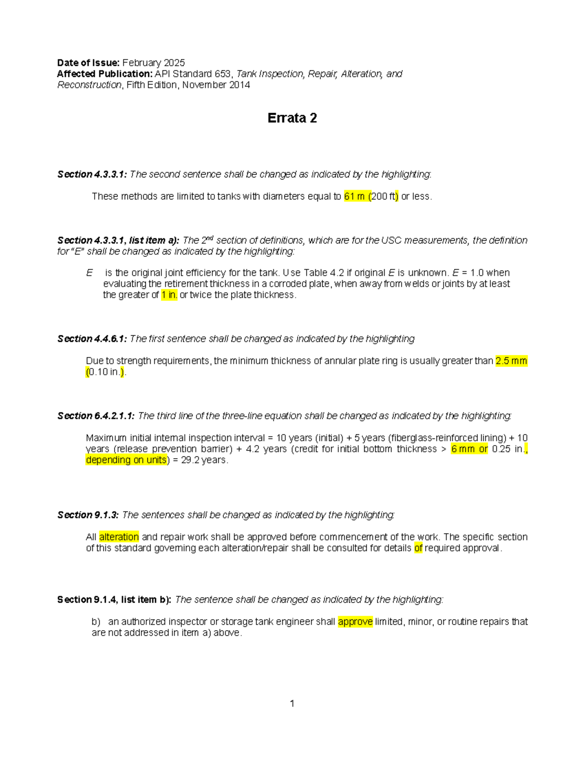 API Std 653 E5 Errata 2: Updates on Tank Inspection & Repair - Studocu