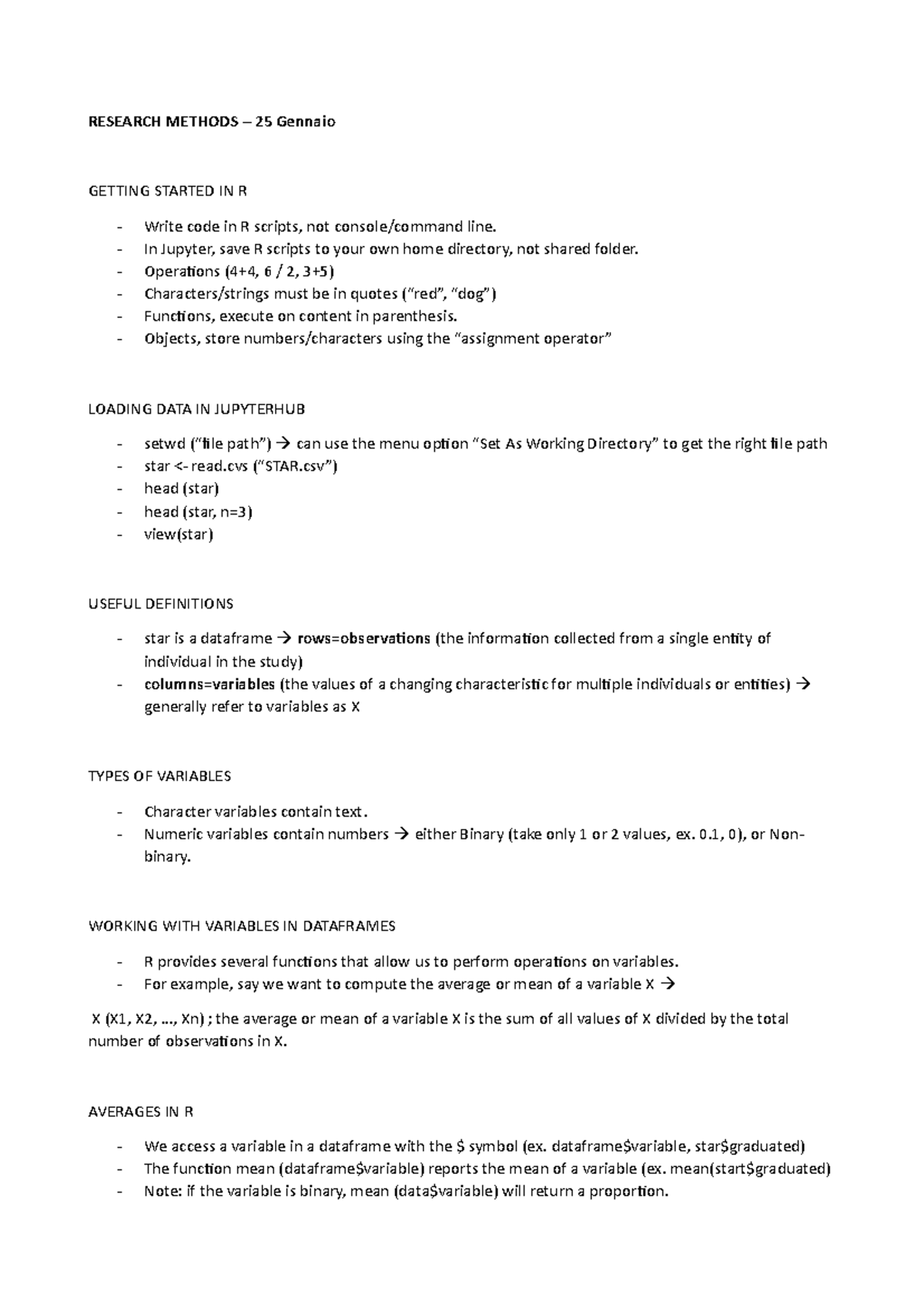 R Research Methods Notes - 25 January (Data Loading & Variables) - Studocu