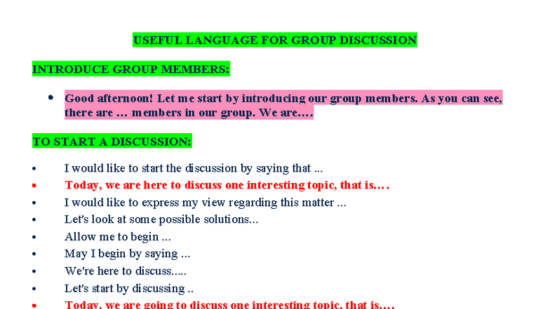 USEFUL LANGUAGE FOR GROUP DISCUSSION: Key Phrases and Expressions - Studocu
