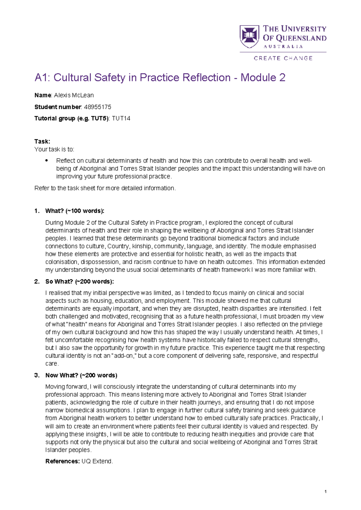 A1: Reflection on Cultural Safety in Practice - Module 2 - Studocu