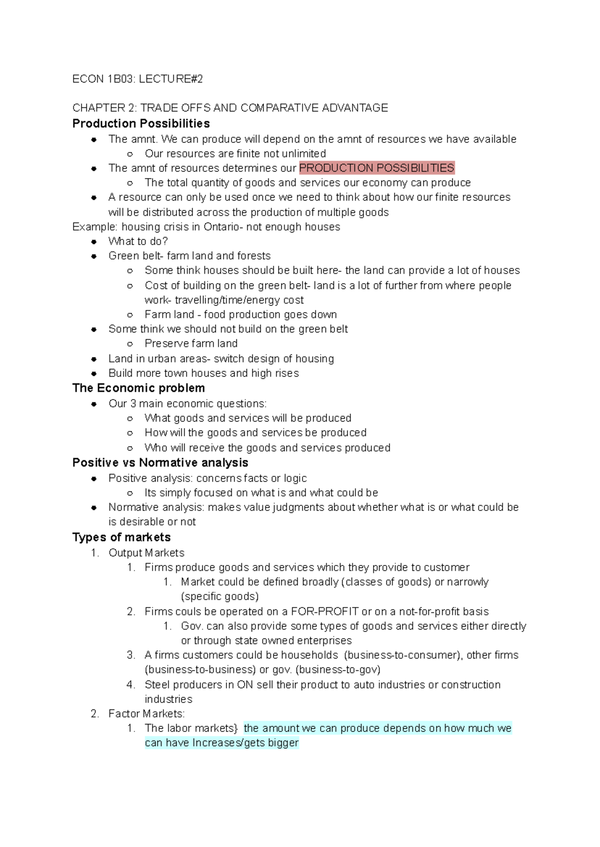 Econ 1B03: Chapter 2 - Trade Offs & Comparative Advantage Notes - Studocu