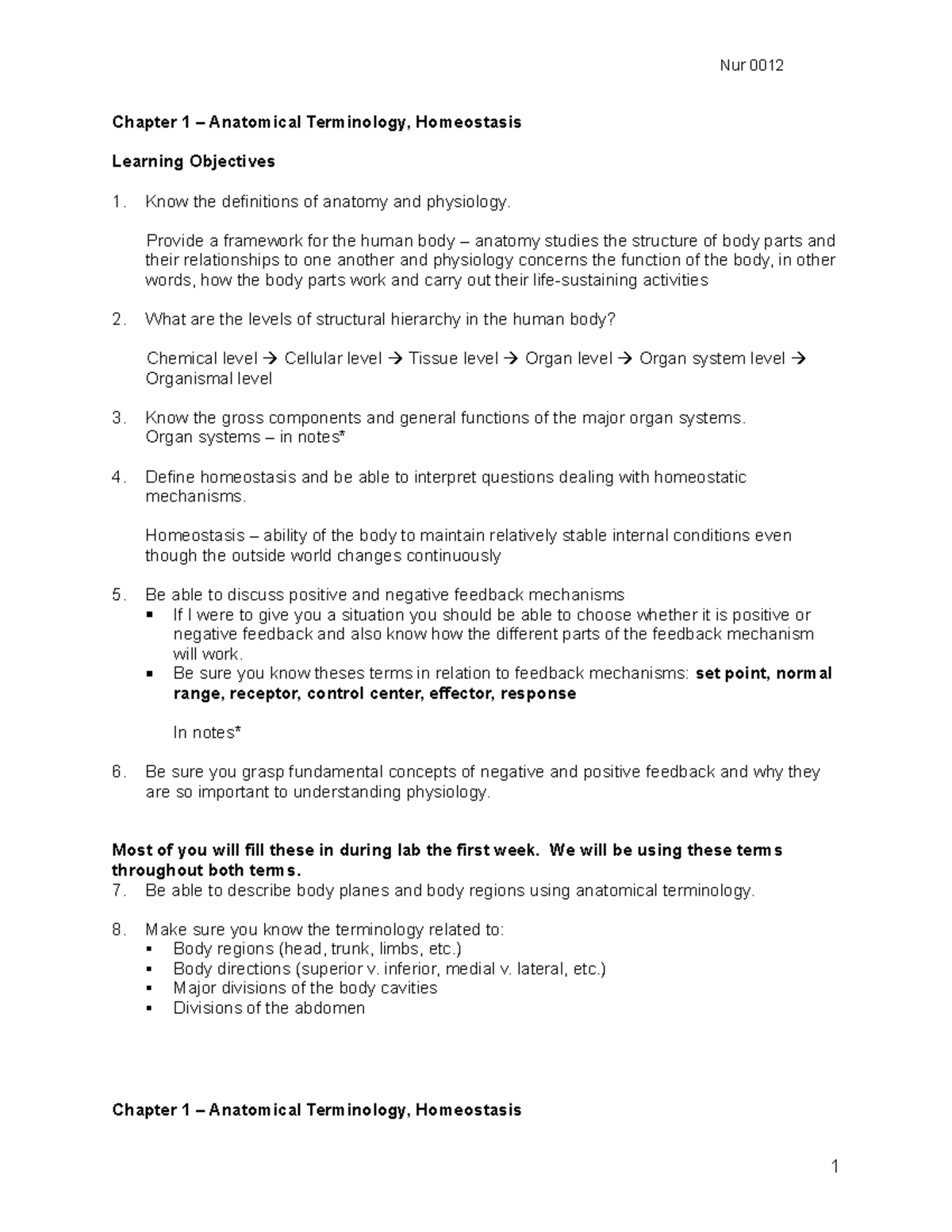 Chapter 1 - Homeostasis Notes(1) - Chapter 1 – Anatomical Terminology ...