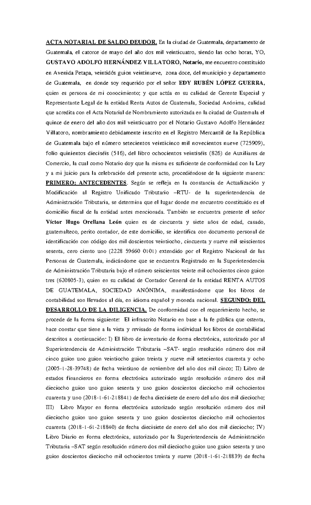 ACTA NOTARIAL DE SALDO DEUDOR - GUATEMALA 2024 - Studocu