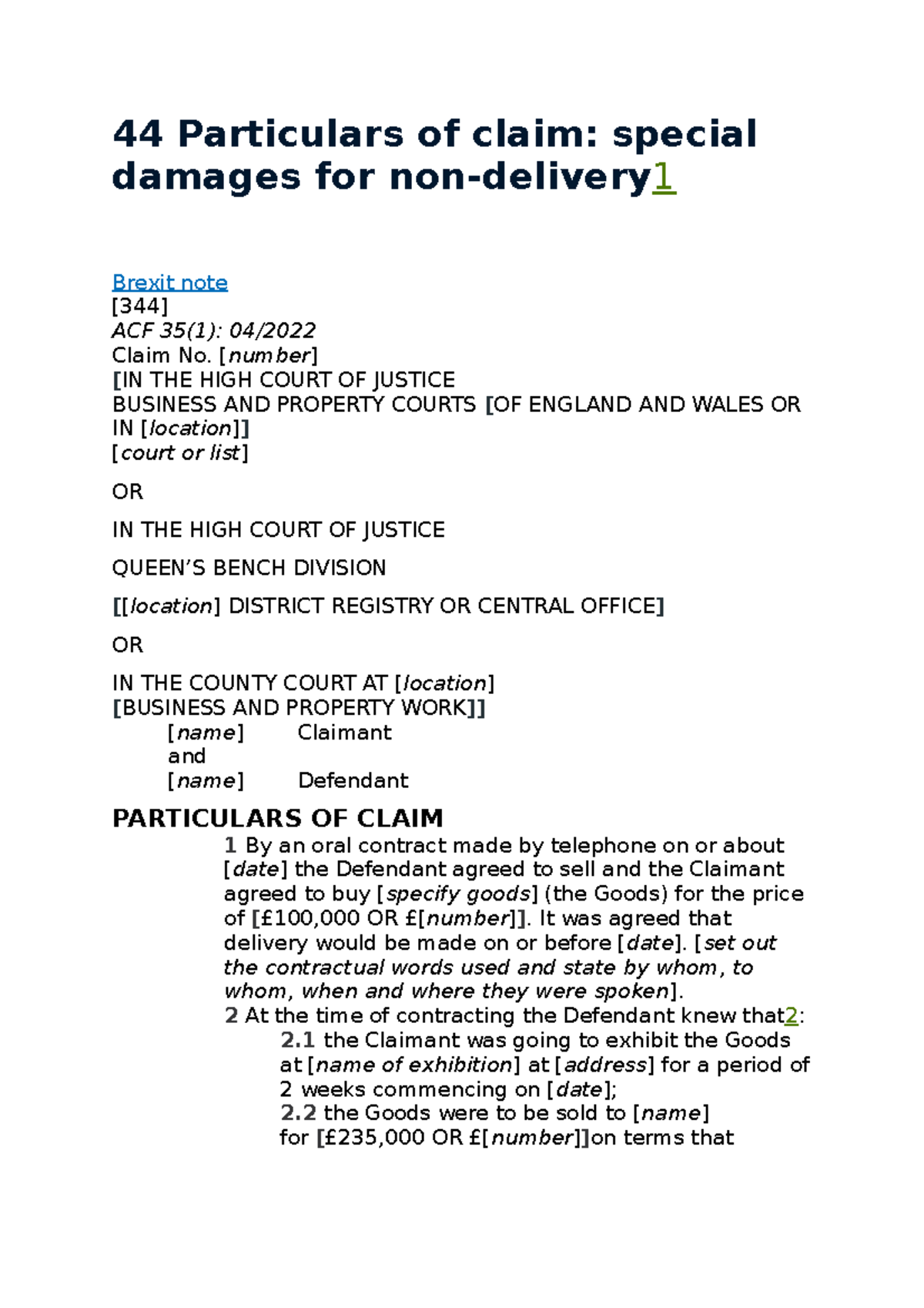 Particulars of Claim: Breach of Contract and Damages Claim Details ...
