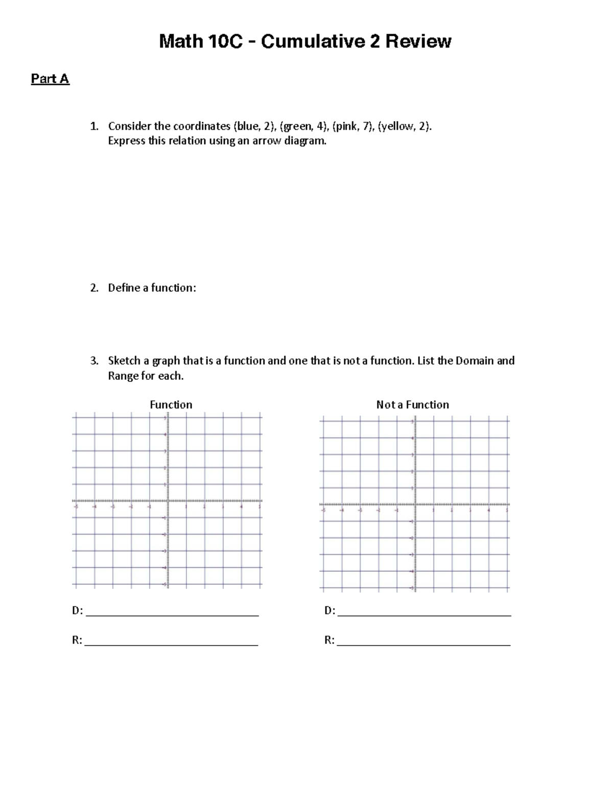 Math 10c Cumulative Review Relations Functions And Graphs Studocu