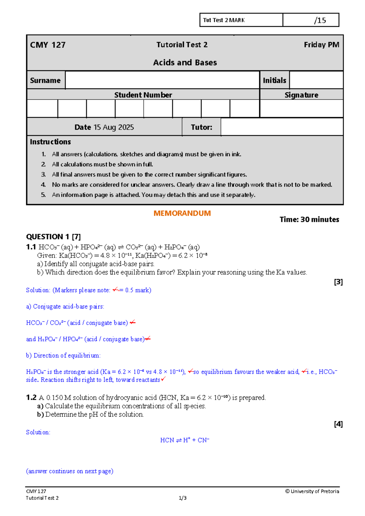 CMY 127 Tutorial Test 2 Memo - Acids and Bases Analysis - Studocu