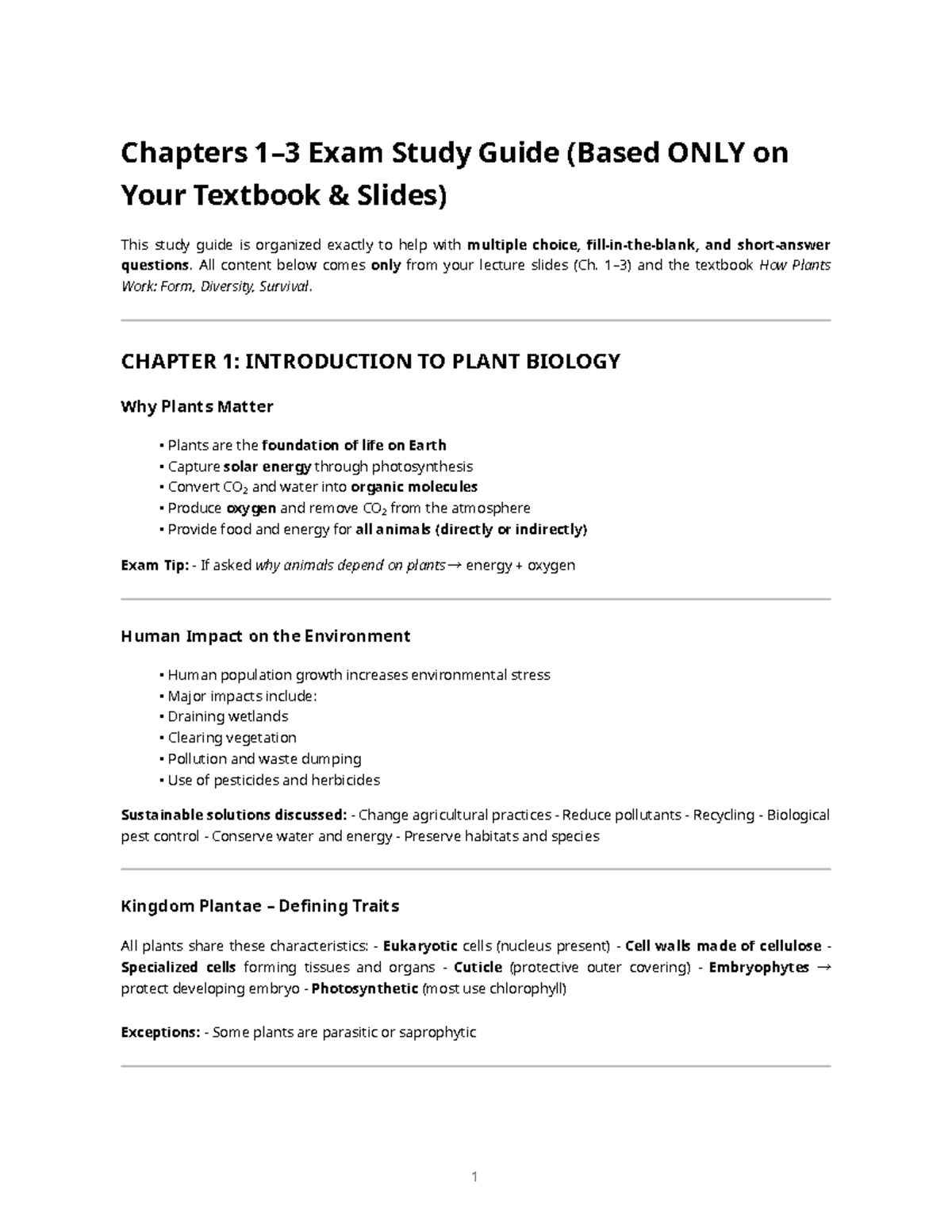 Chapters 1-3 Plant Biology Exam Study Guide (Textbook Slides) - Studocu