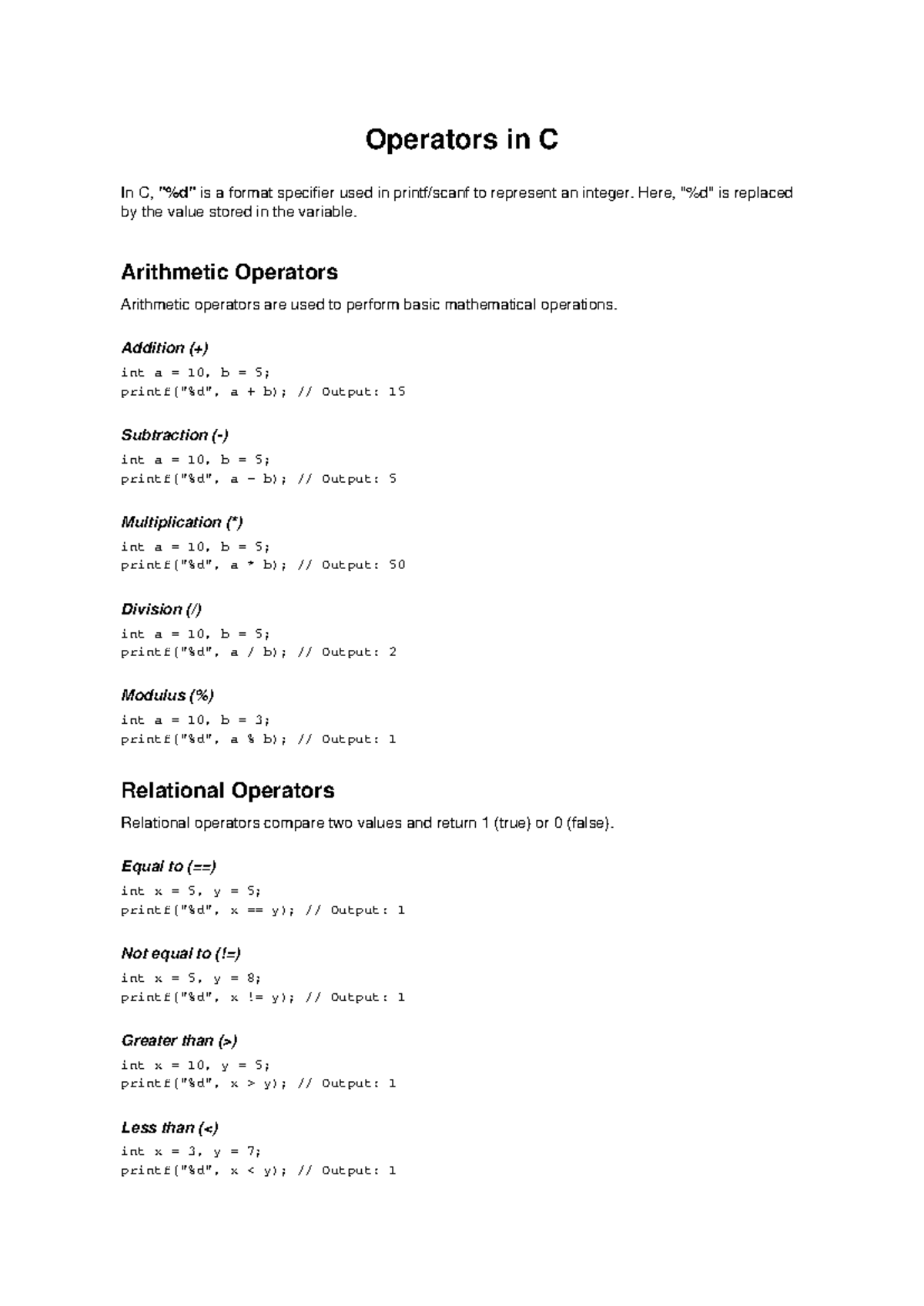 C Operators (C) Teaching Notes: Arithmetic, Relational, and Logical ...