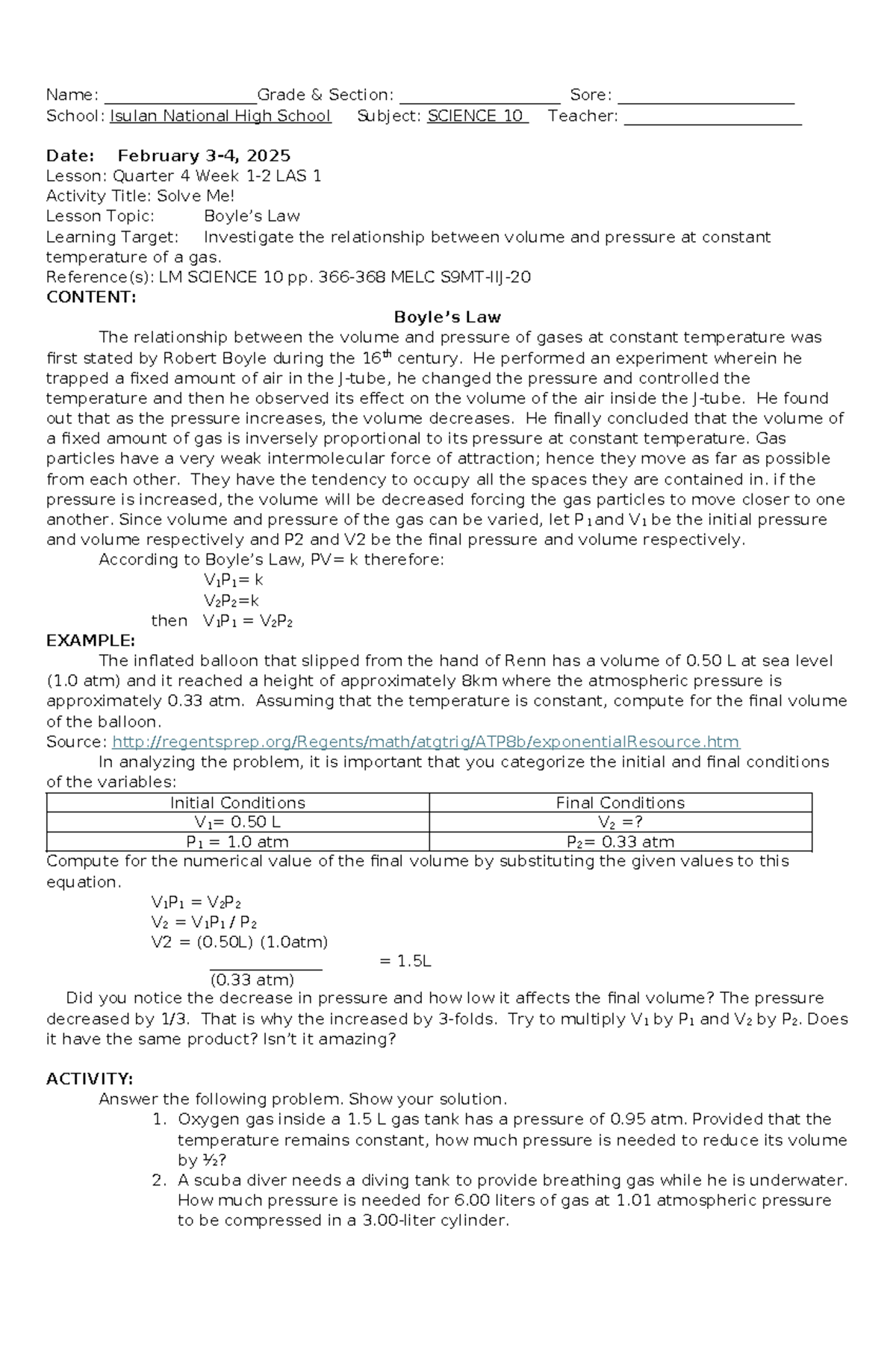 SCI 10: Quarter 4 LAS 1 & 2 - Gas Laws and Their Applications - Studocu