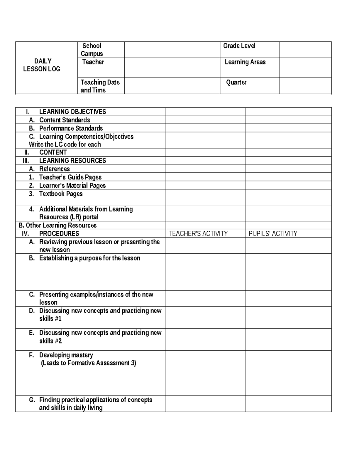 Daily Lesson Log Template for Teaching Objectives and Procedures - Studocu