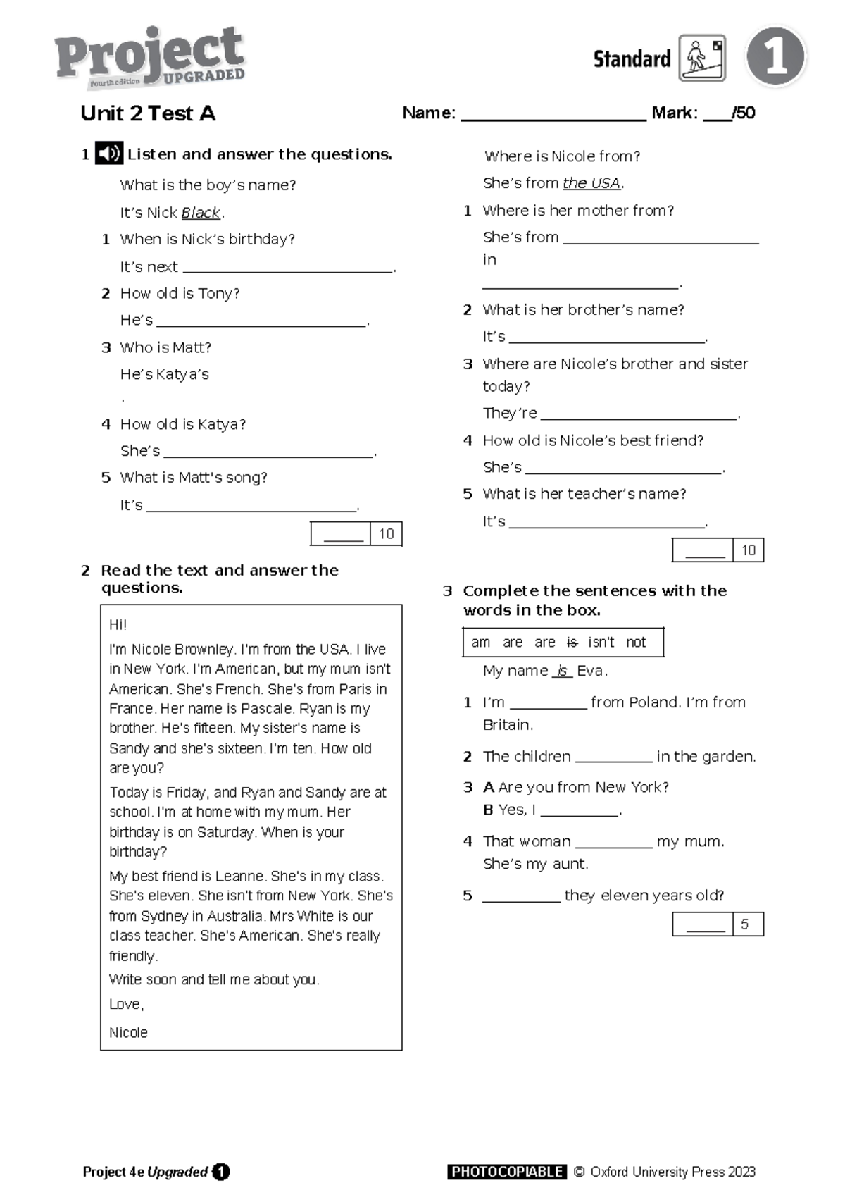 Project 4e Upgd 1 Unit 2 Test A - Listening & Reading Comprehension ...
