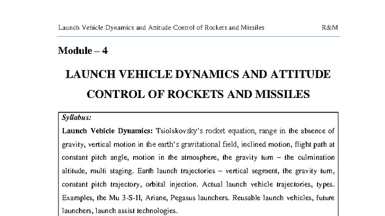 Module 4: Launch Vehicle Dynamics & Attitude Control of Rockets - Studocu