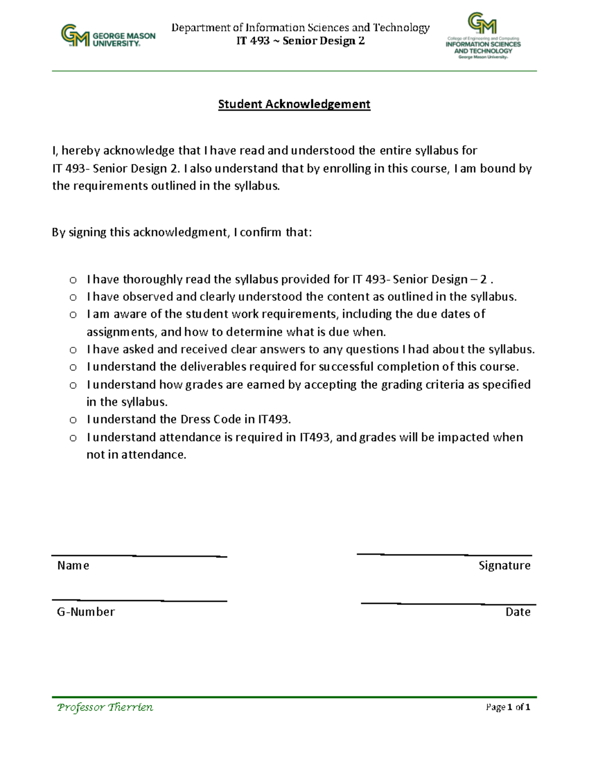 IT 493 Senior Design 2 Syllabus Acknowledgment Form - Studocu