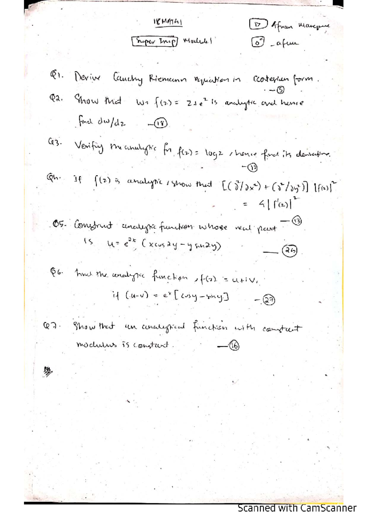 18MAT41 Midterm Super Important Notes on Analytic Functions - Studocu