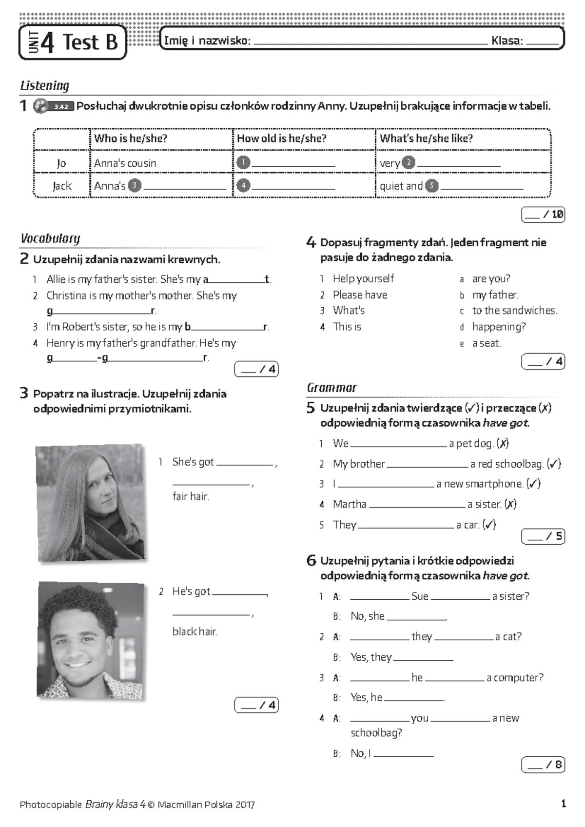 Brainy 4 Unit Test 6 A Photocopiable Brainy Klasa 4 Macmillan