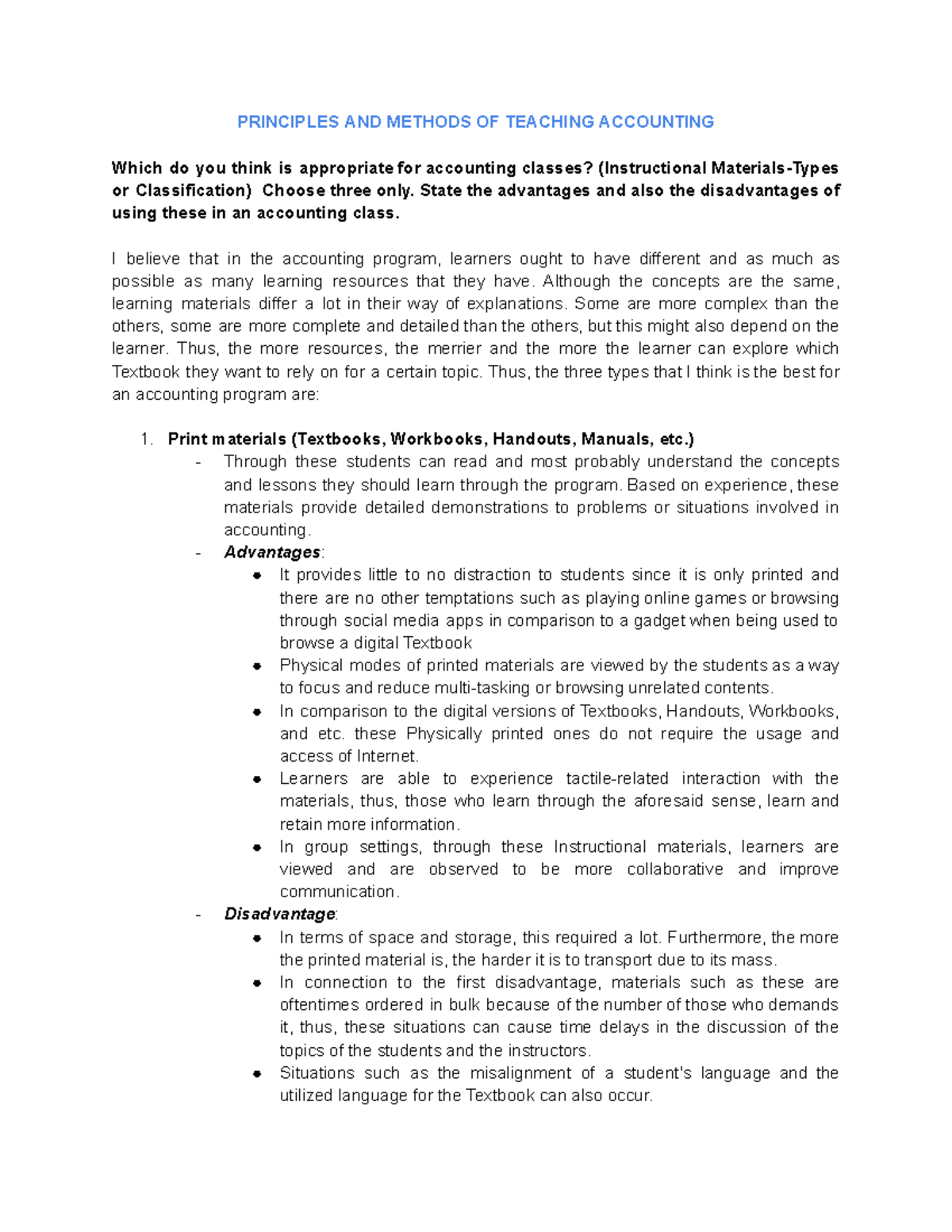 BSA1C PMTA - Teaching Accounting: Methods, Pros & Cons - Studocu