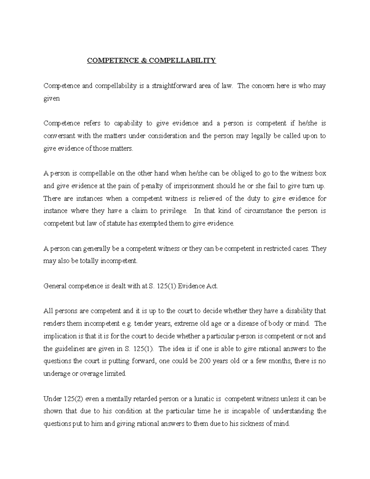 Competence OF Witness -LAW OF Evidence - COMPETENCE & COMPELLABILITY ...