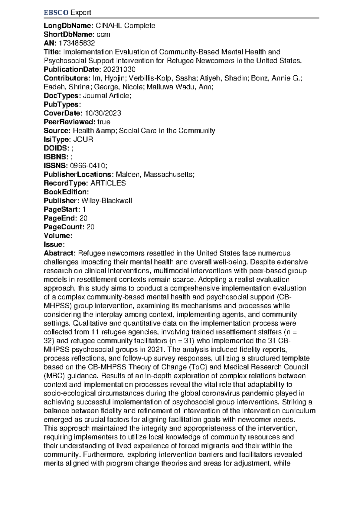 EBSCO CINAHL Complete: Eval of Community-Based Mental Health Support ...