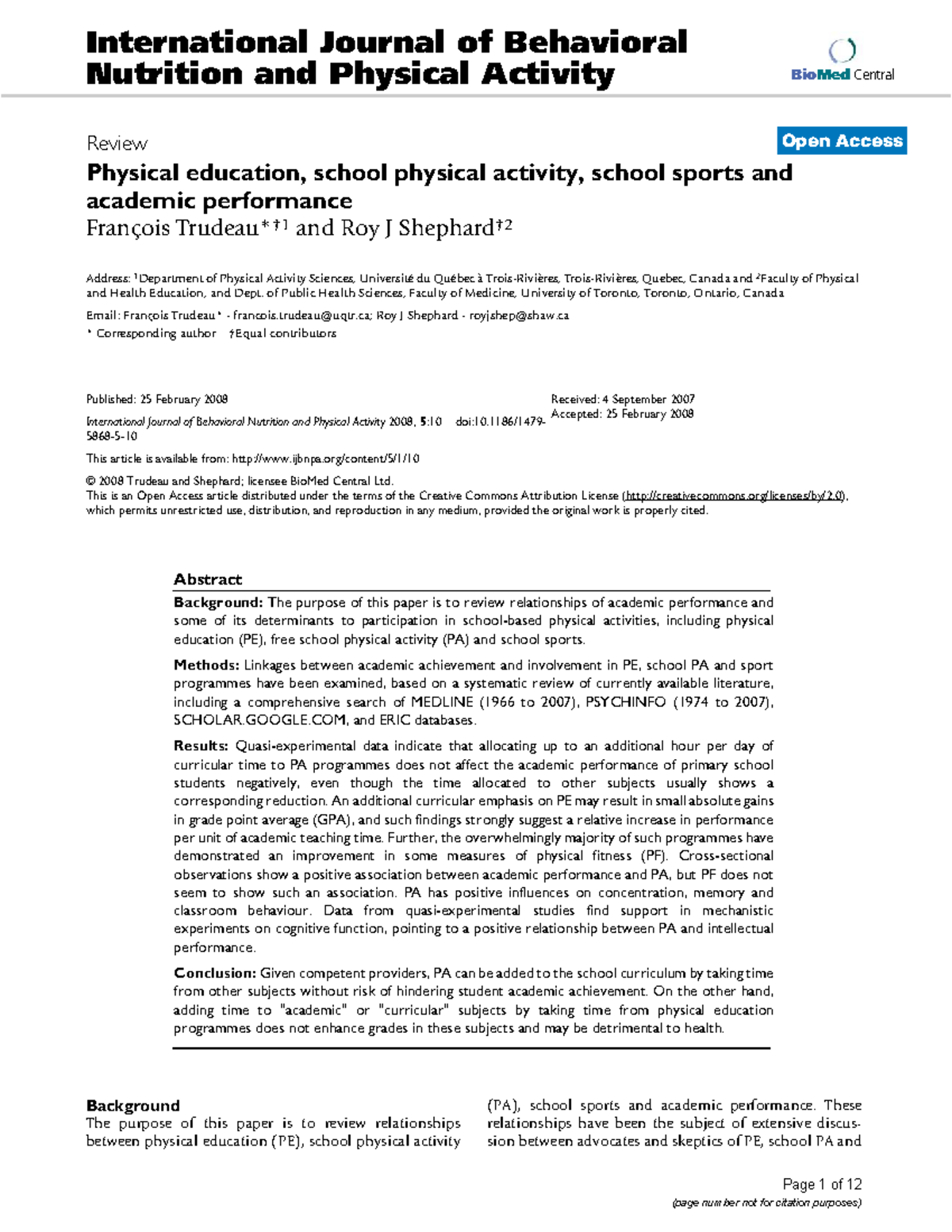 Physical Activity and Academic Performance in Schoolchildren: A Review ...