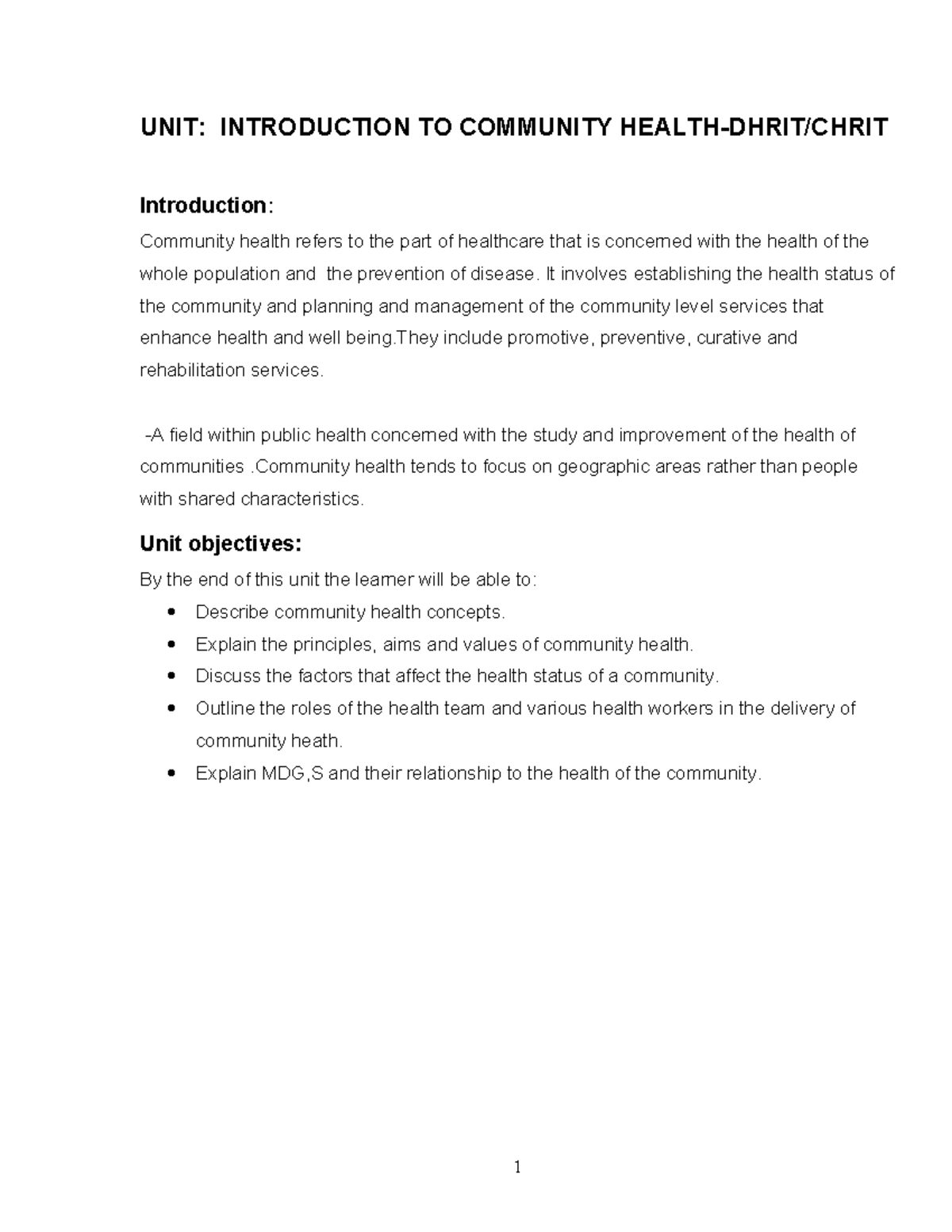 UNIT: INTRODUCTION TO COMMUNITY HEALTH - Concepts and Strategies - Studocu