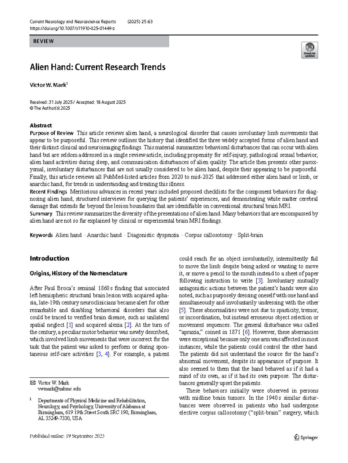 Mark 2025: Alien Hand Syndrome - Current Research Trends and Insights ...