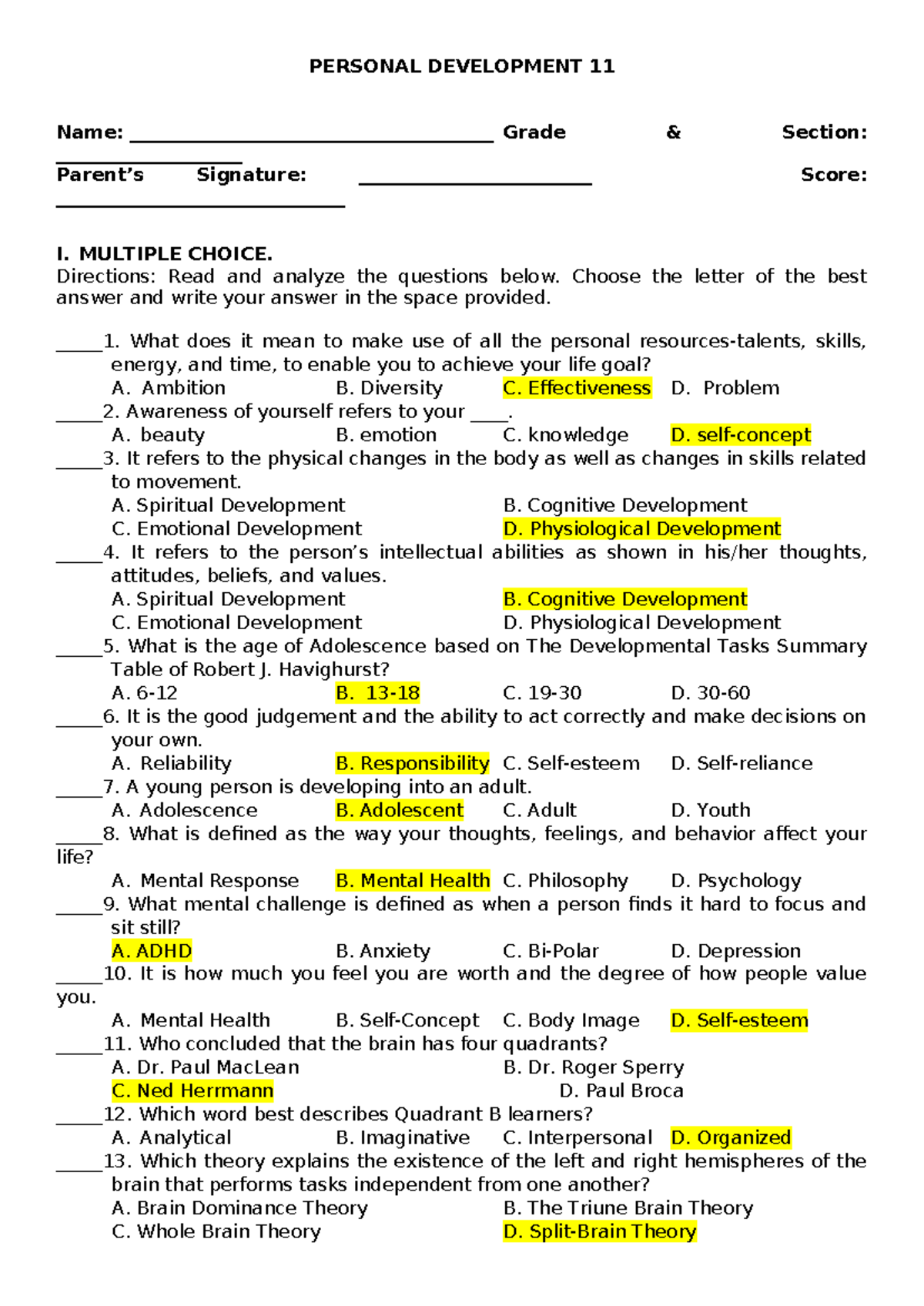 Perdev-reviewer - Ideas - PERSONAL DEVELOPMENT 11 Name