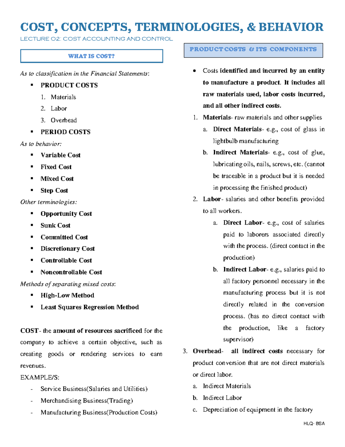 BSA COST O2: Lecture on Cost Concepts, Classifications, and Behavior ...