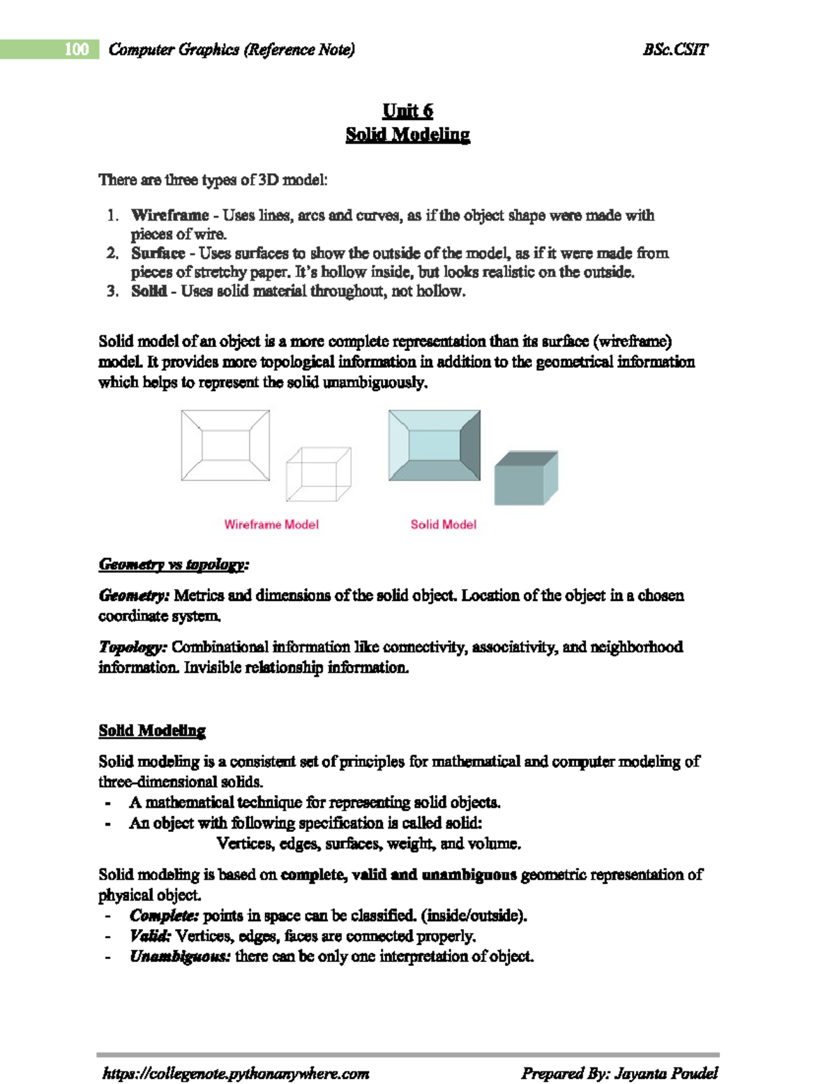 BSc. CSIT 100 Computer Graphics Reference Note: Unit 6 Solid Modeling ...