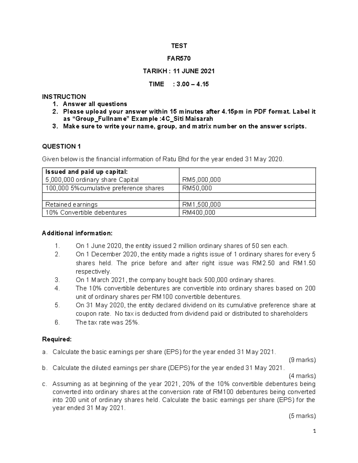 FAR TEST Questions June 2021 - Financial Analysis & EPS Calculation ...