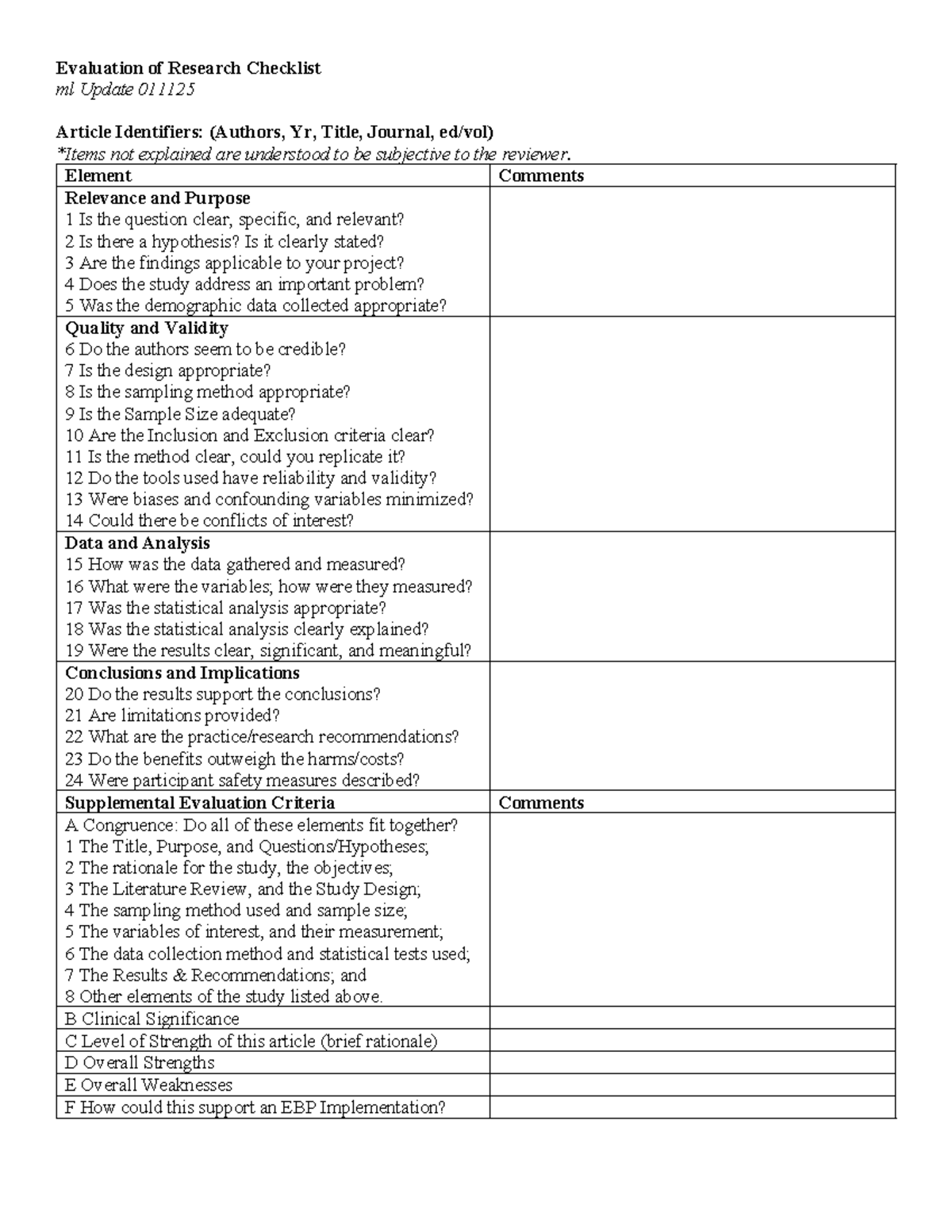8C2. Evaluation of Research Checklist for Article Review - Studocu