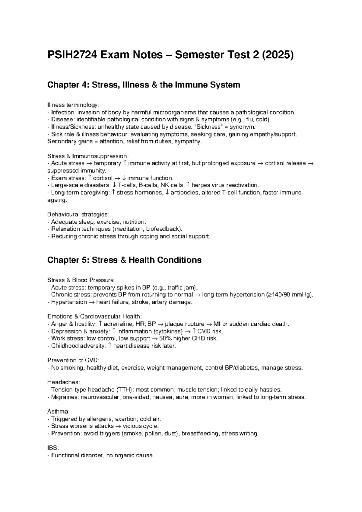 PSIH2724 Exam Notes: Stress, Illness & Immune System Insights - Studocu