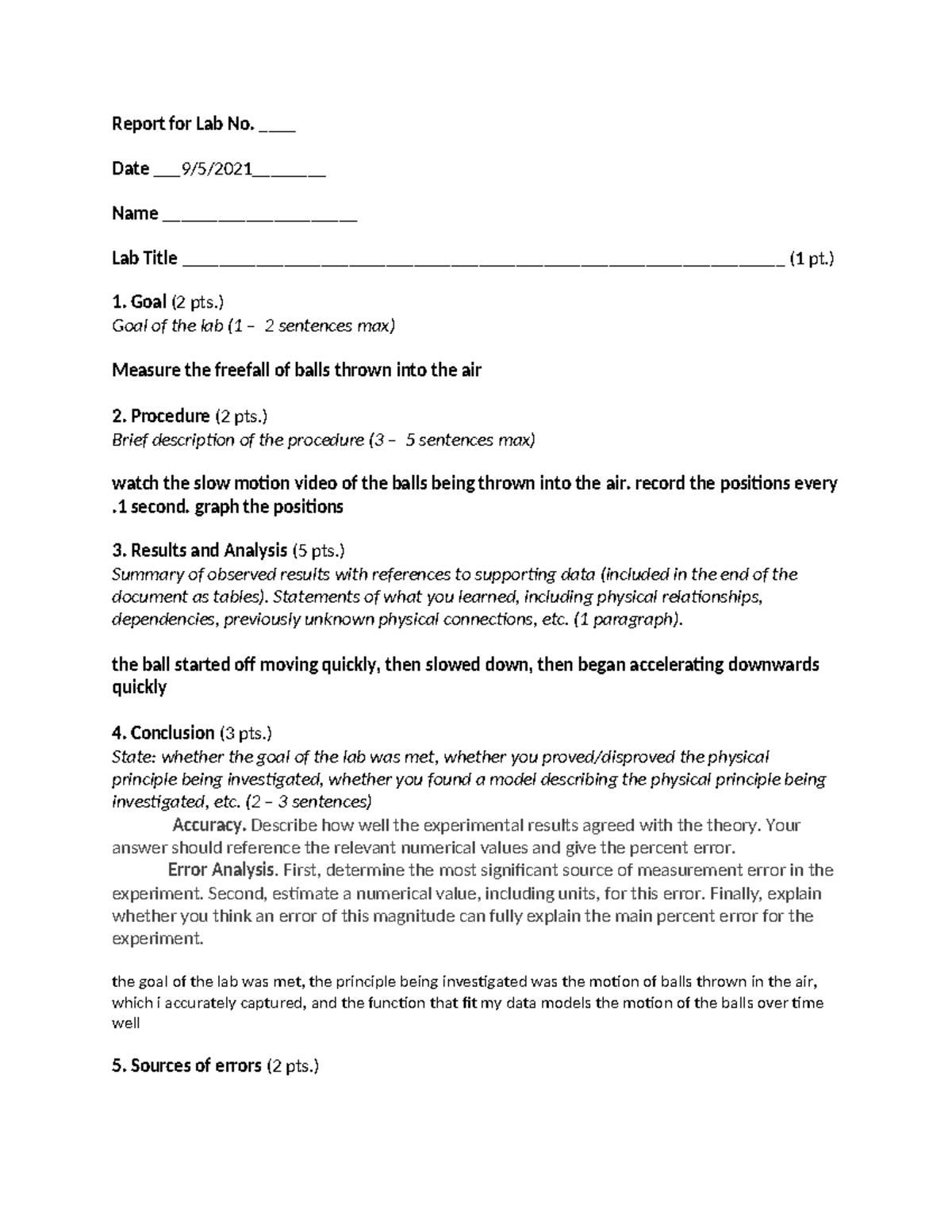 PHY 131 Lab Report Template 1 - Report for Lab No. ____ Date 9/5/2021 ...