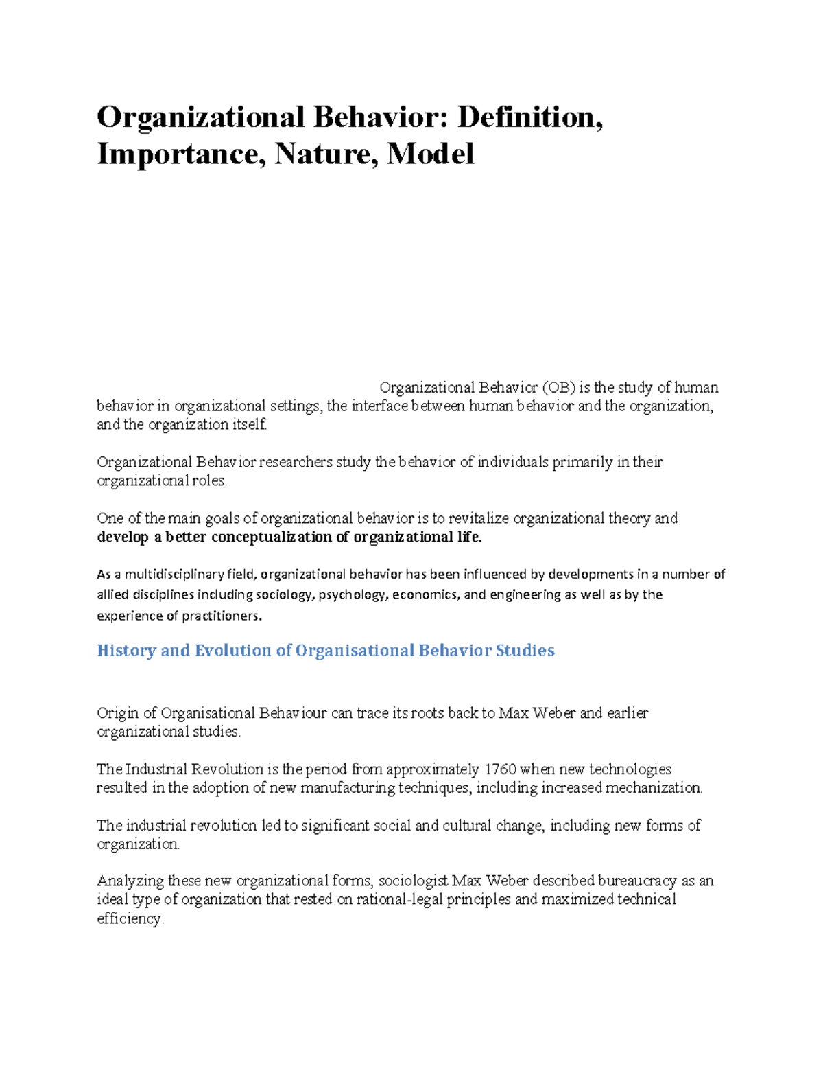 BBA 1ST Year: Notes on Organizational Behaviour - Unit 1 Overview - Studocu