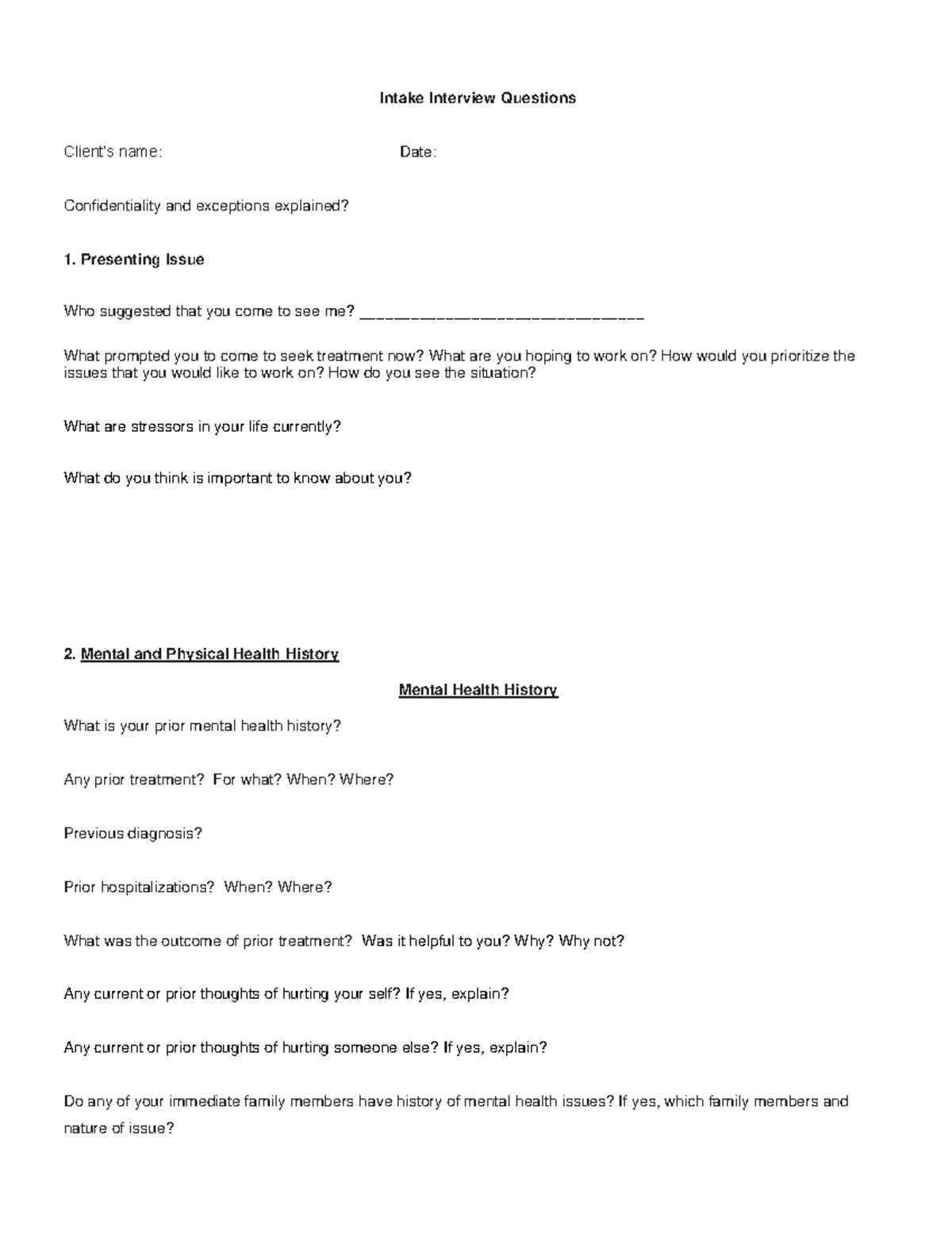 Intake Interview Questions for Mental Health Assessment - Studocu