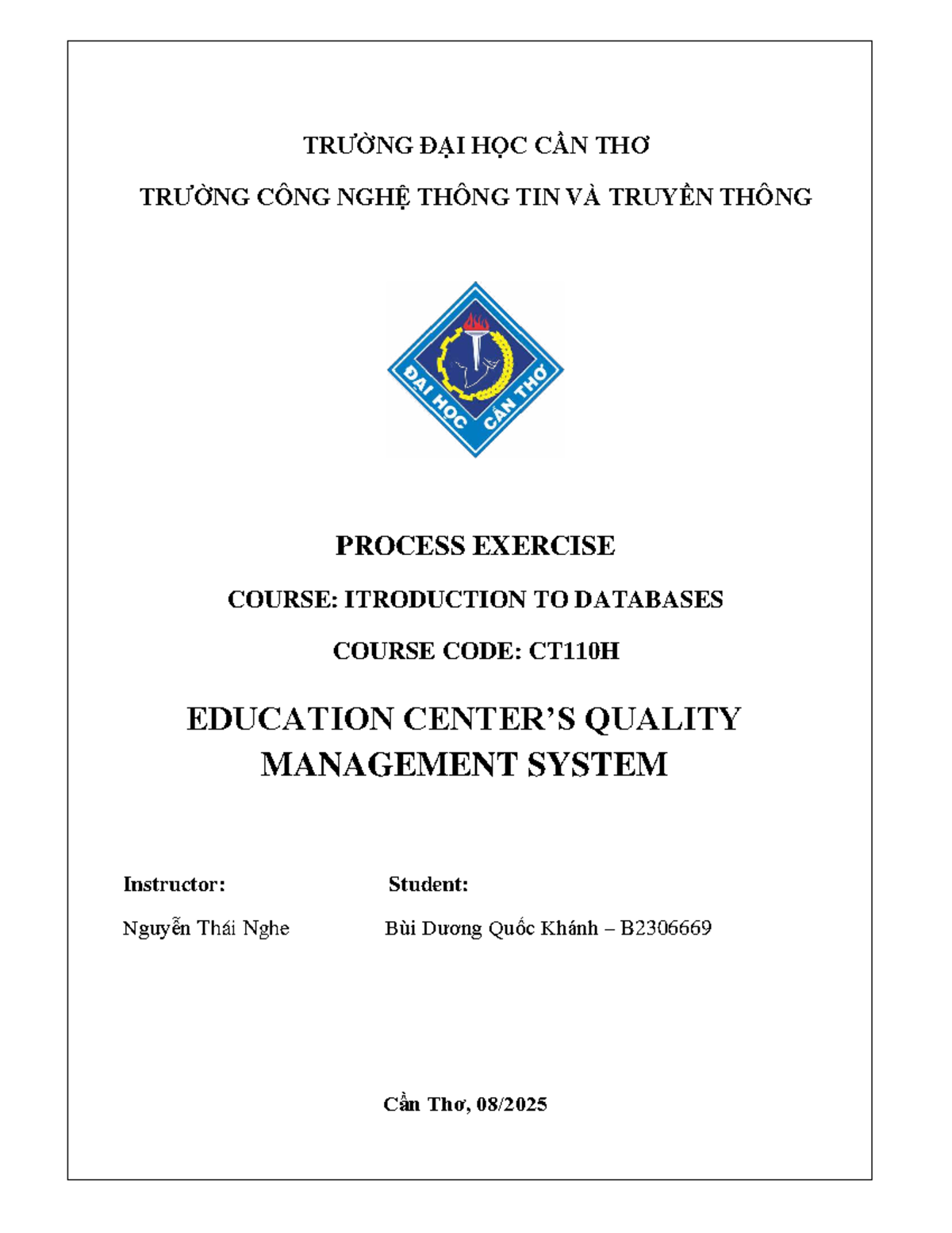 Bài Tập Tiến Trình: Cơ Sở Dữ Liệu - CT110H - Bùi Dương Quốc Khánh - Document Preview