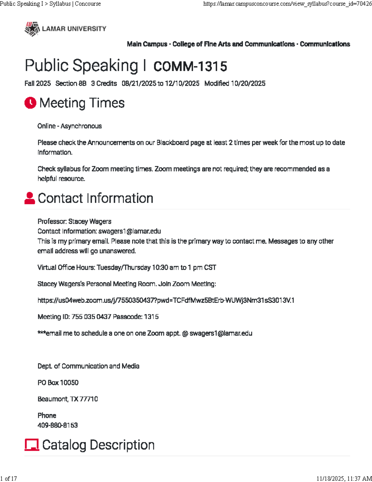 Comm 1315 Public Speaking I Syllabus & Event Listings - Studocu