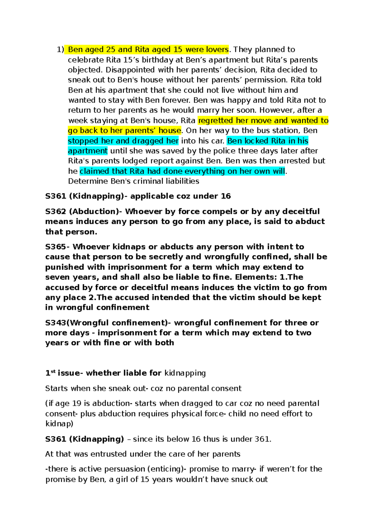 Crim Tuto 1: Analysis of Kidnapping & Wrongful Confinement Cases - Studocu