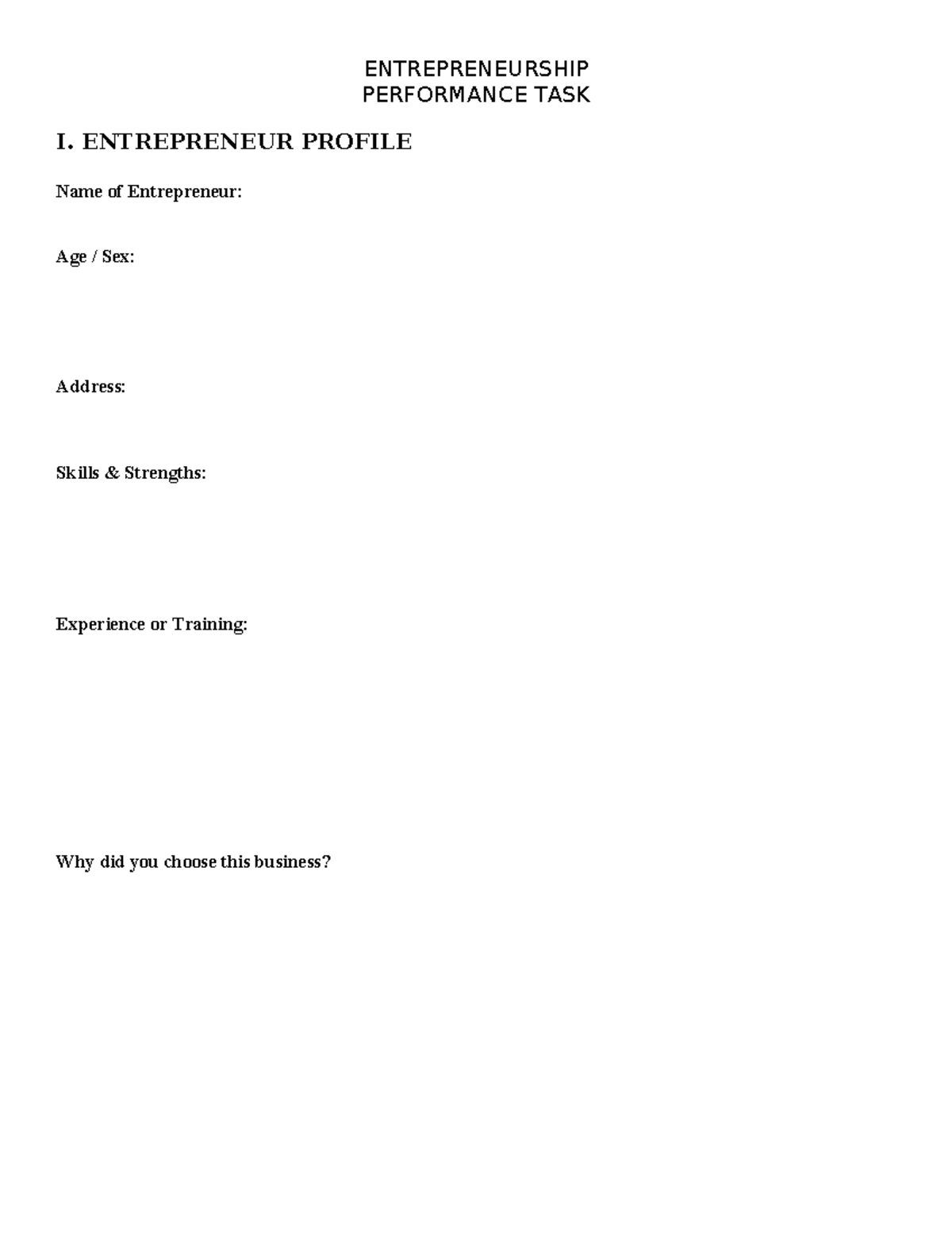 ENTREPRENEURSHIP PERFORMANCE TASK I: BUSINESS PLAN ACTIVITY SHEET - Studocu