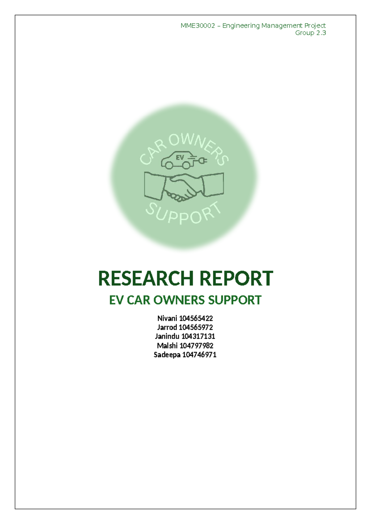 Engineering Management Project Group 2.3: EV Car Owners Support ...