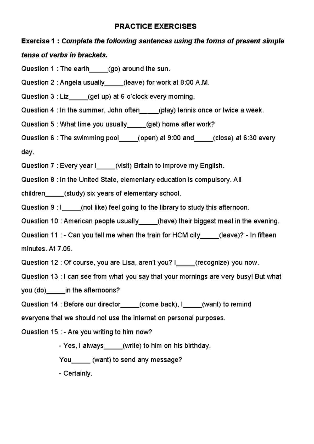 Practice Exercises - Present Simple Tense (ENG101) - Studocu