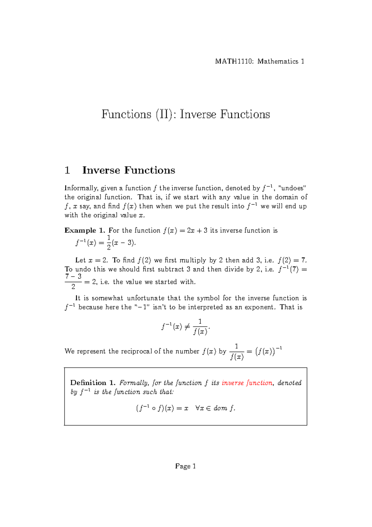 Mathematics 1 Functions (II): Inverse Functions Lecture Notes - Studocu