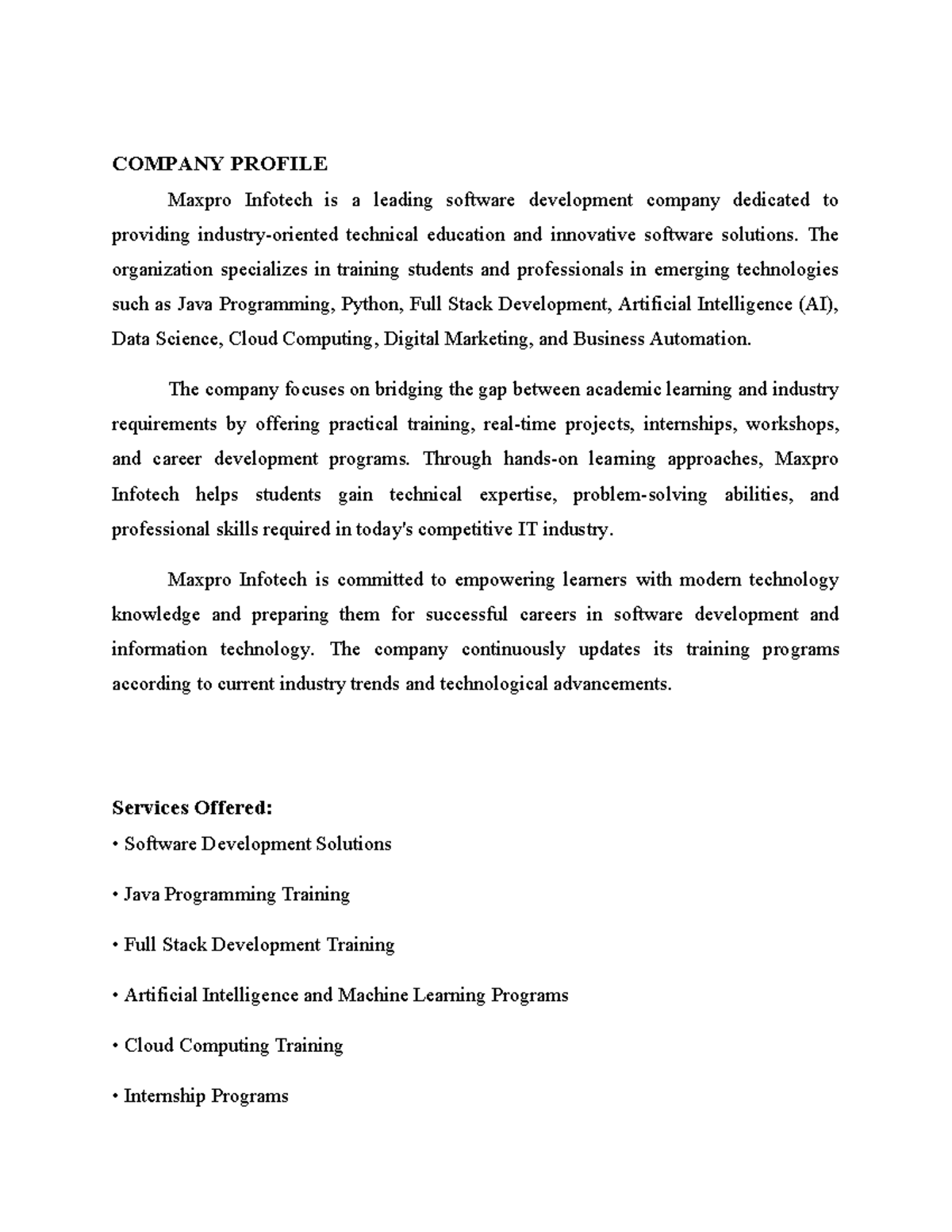 COMPANY PROFILE: Maxpro Infotech's Java & Python Training Programs ...