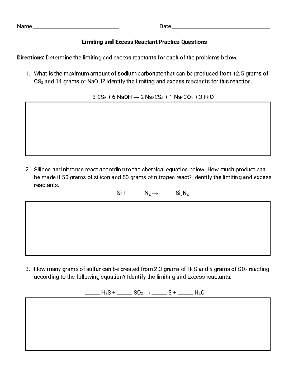Limiting & Excess Reactant Practice Questions - Chem 101 - Studocu