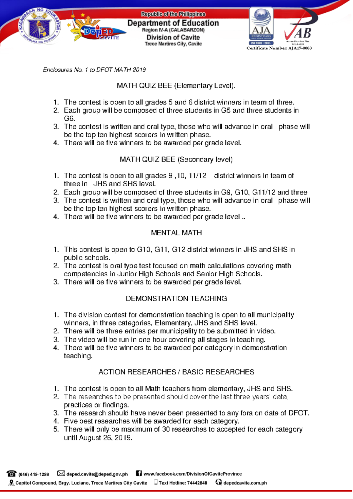 DFOT MATH 2019: Guidelines for Math Quiz Bee & Competitions - Studocu