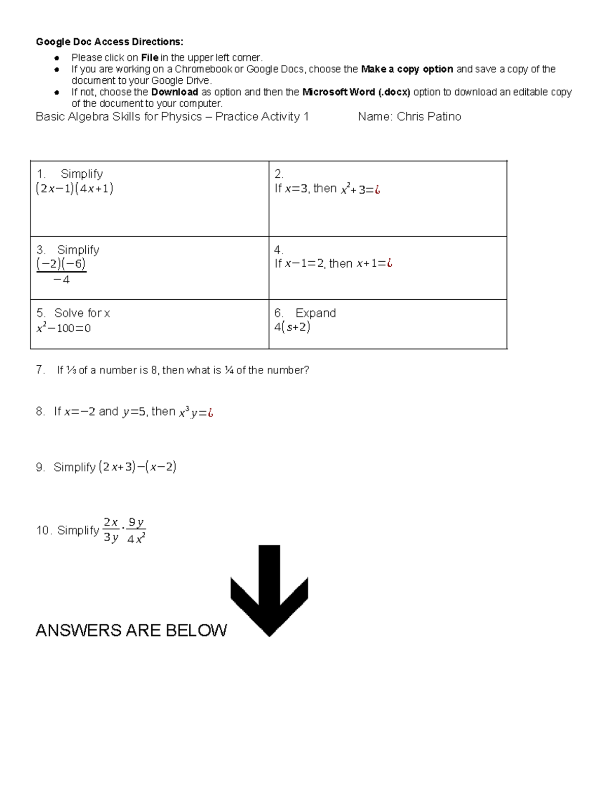 Basic Algebra Skills for Physics: Module 1 Lesson 1 Activity 1 - Studocu