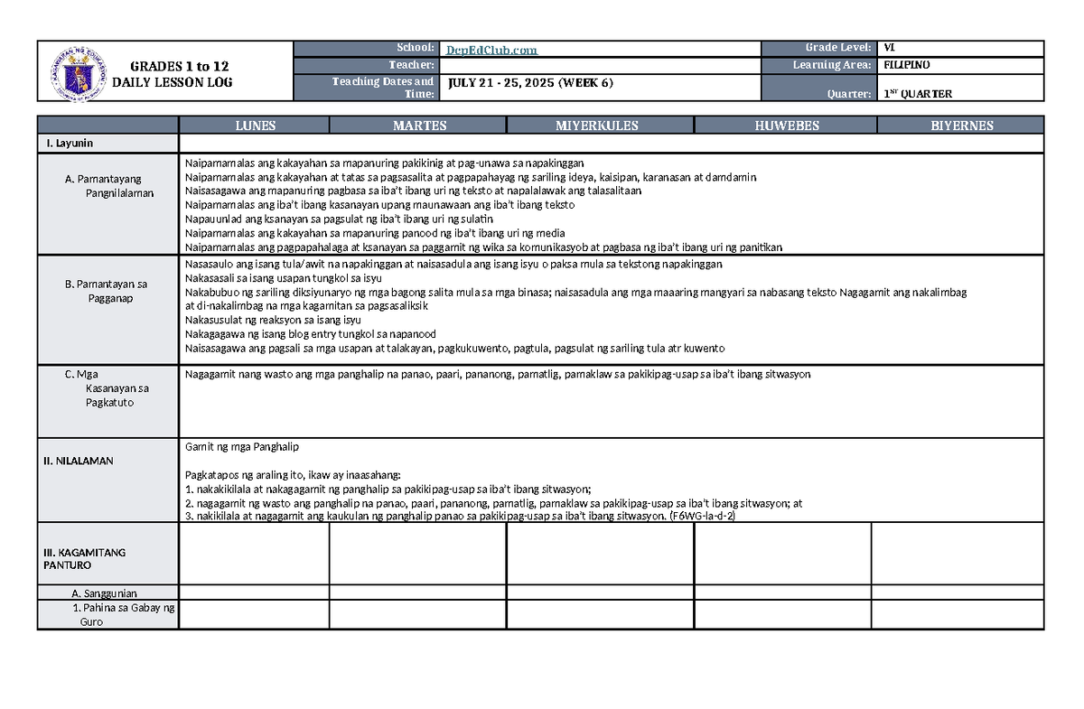 DLL Filipino 6 Q1 W6: Daily Lesson Log for July 21-25, 2025 - Studocu