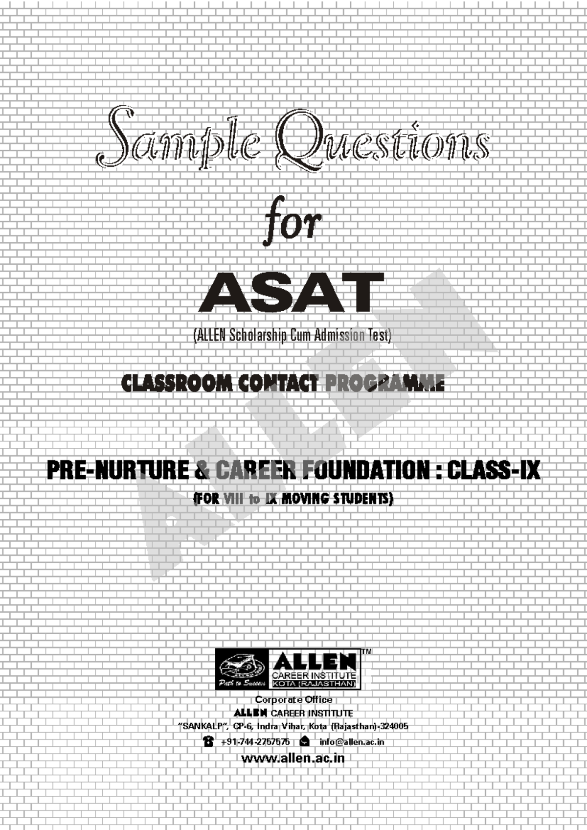 Sample Paper ASAT IX - ####### allen.ac PRE-NURTURE & CAREER FOUNDATION ...