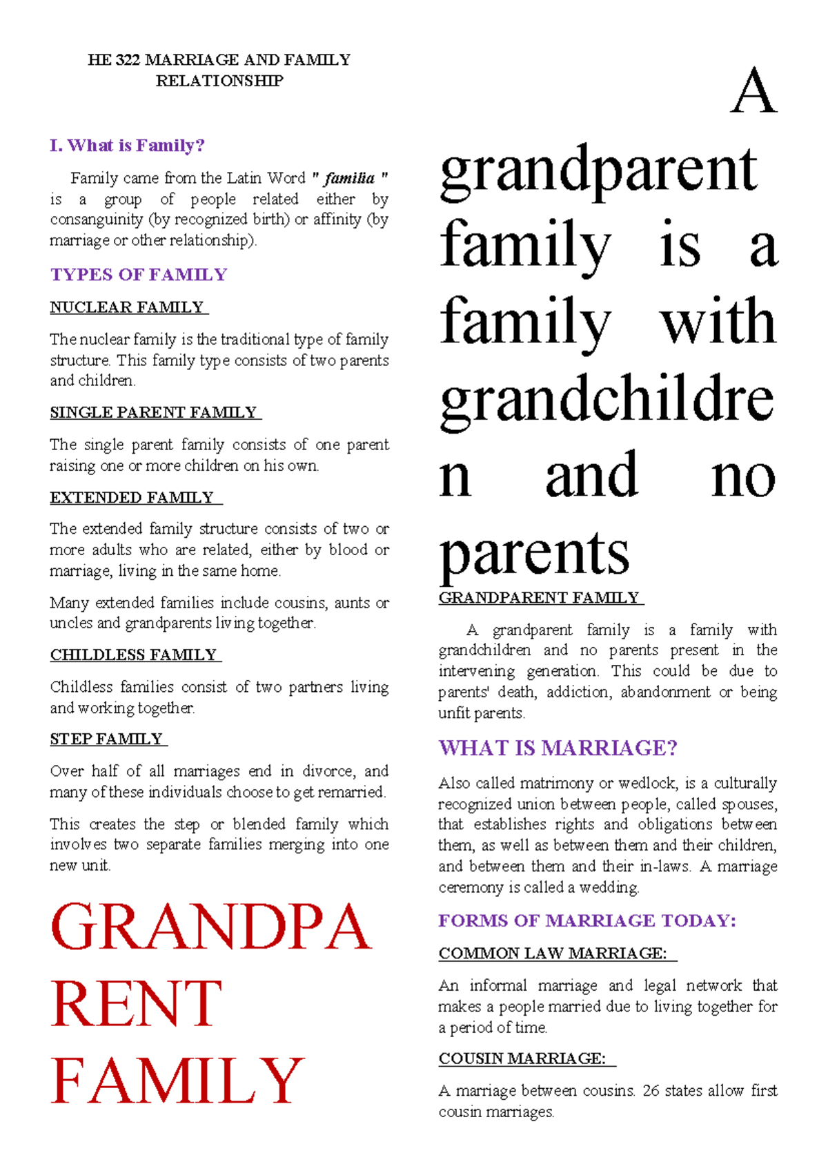 HE 322 MARRIAGE AND FAMILY RELATIONSHIP I: Understanding Family Types ...